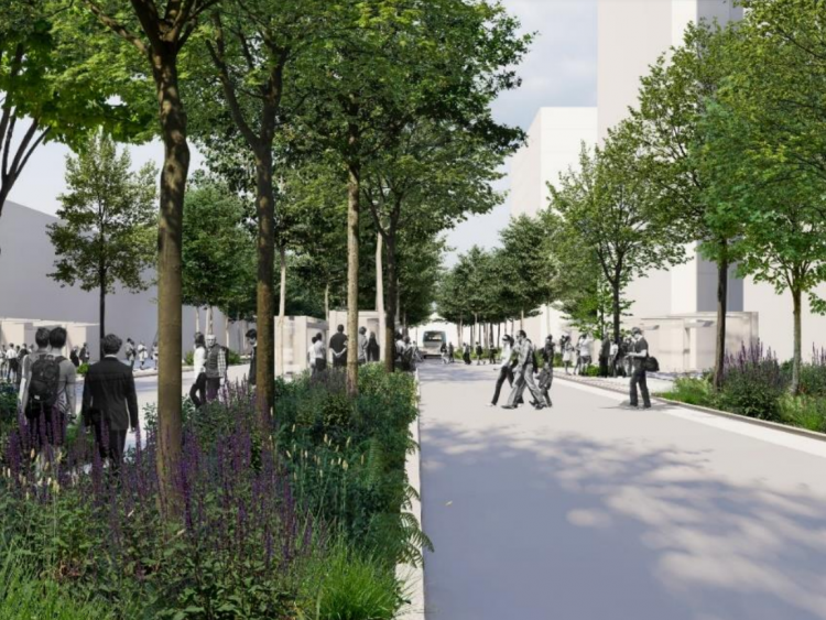 Le projet immobilier Thiais-Orly secteur gare, intègre logements, commerces, bureaux, entourés de nouveaux espaces verts et de la gare de la ligne 14.